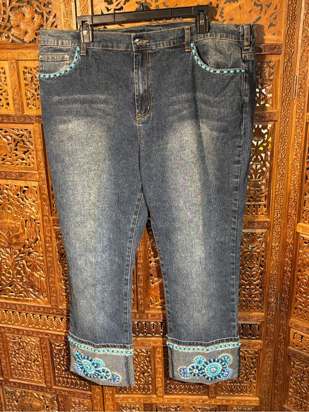 DG2 by Diane Gilman Dark Blue Embellished Cropped Jeans